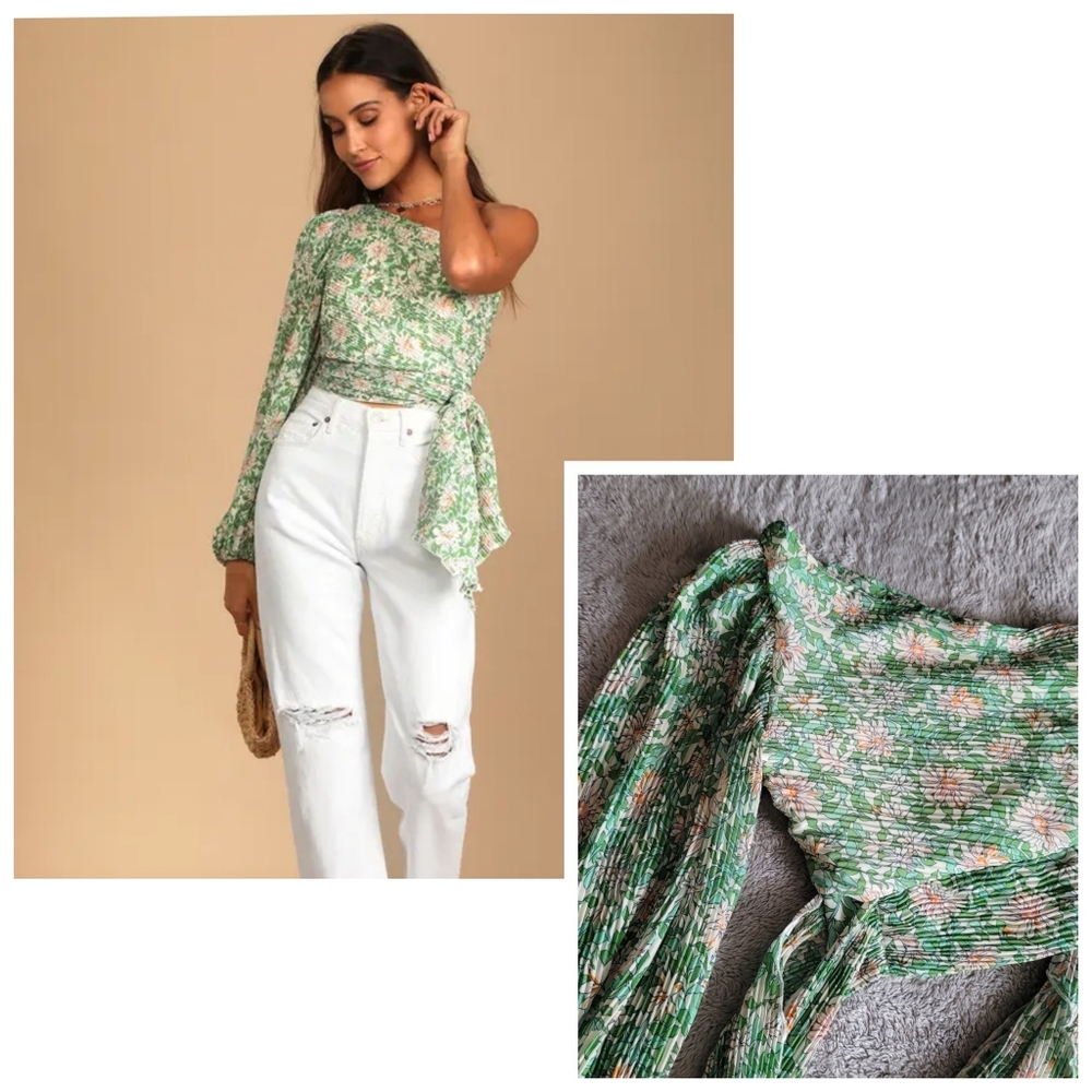 Lulu's Green Floral One-Shoulder Long Sleeve Blouse